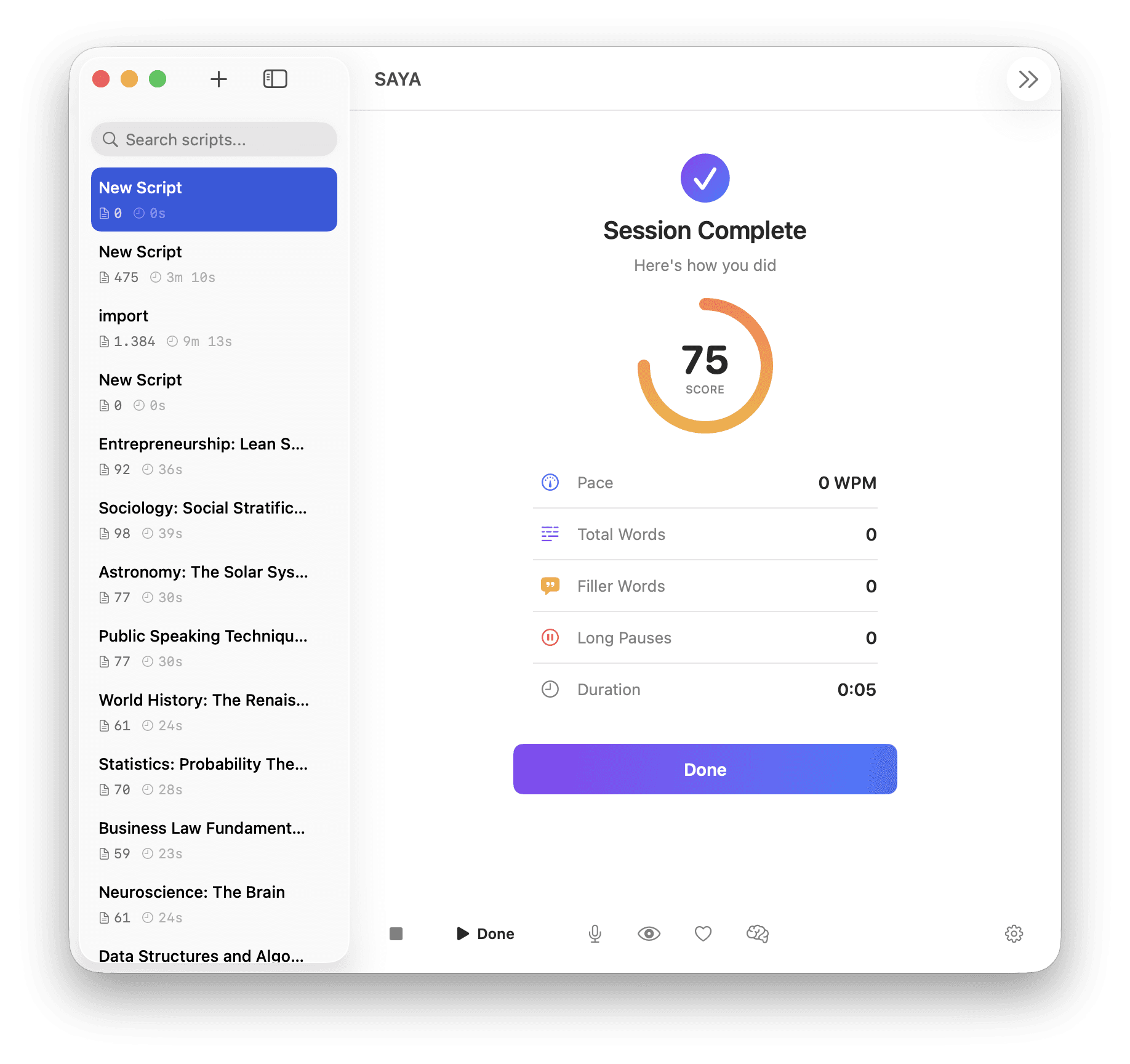 SAYA session review showing pace, words, fillers, pauses, duration, and score.